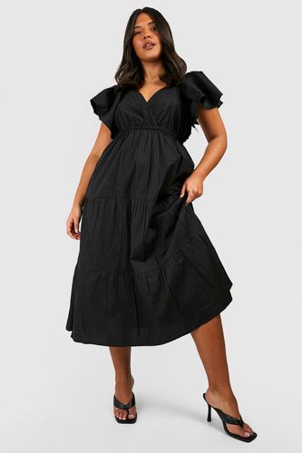 Womens Plus Cotton Poplin Ruffle Angel Sleeve Midi Dress - - 20 - boohoo - Modalova