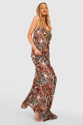 Womens Tall Beach Leopard Print Beaded Hanky Hem Chiffon Maxi Dress - - 8 - boohoo - Modalova