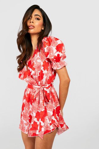 Womens Floral Wrap Ruffle Short Playsuit - - 12 - boohoo - Modalova