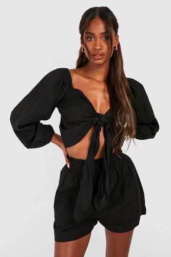 Womens Linen Look Knot Crop & Paperbag Waist Shorts - - 10 - boohoo - Modalova