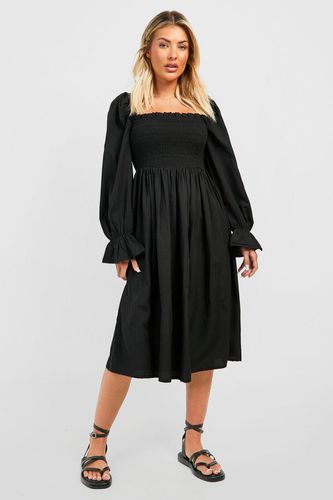 Womens Puff Sleeve Shirred Midi Dress - - 14 - boohoo - Modalova