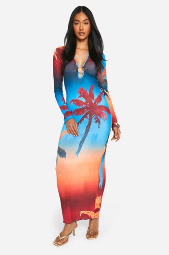 Womens Palm Print Sheer O Ring Maxi Dress - - 18 - boohoo - Modalova