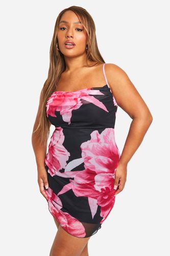 Womens Plus Mesh Floral Print Strappy Cowl Neck Mini Dress - - 22 - boohoo - Modalova