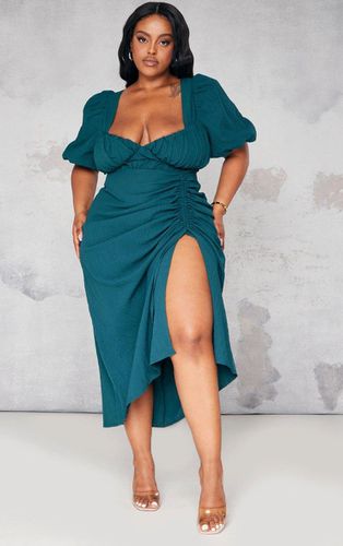 Womens Plus Emerald Puff Sleeve Ruched Side Split Midi Dress - 30 - NastyGal UK (+IE) - Modalova