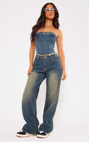 Womens Petite Vintage Mid Wash Fray Waist Low Rise Straight Leg Jeans - - 14 - NastyGal UK (+IE) - Modalova