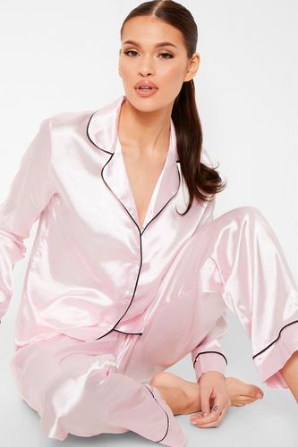Womens Contrast Piping Button Down Satin Pyjama Set - - 10 - boohoo - Modalova