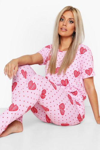 Womens Plus Polka Dot Heart Print T Shirt & Trousers Pyjama Set - - 16 - boohoo - Modalova