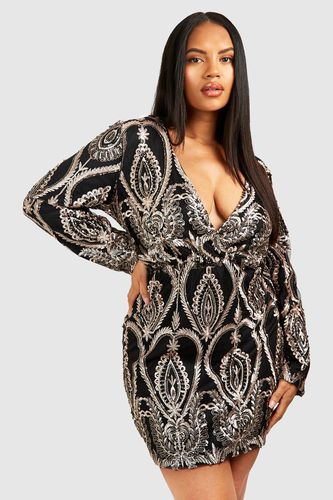 Womens Plus Lace & Sequin Plunge Mini Dress - - 16 - boohoo - Modalova