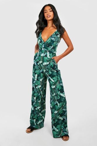 Womens Petite Palm Print Wrap Front Jumpsuit - - 8 - boohoo - Modalova