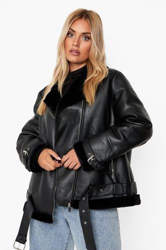 Womens Plus Faux Leather Lined Oversized Aviator Jacket - - 16 - boohoo - Modalova