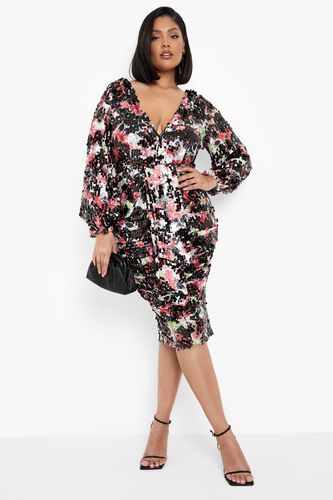 Womens Plus Floral Sequin Puff Sleeve Midi Dress - - 28 - boohoo - Modalova
