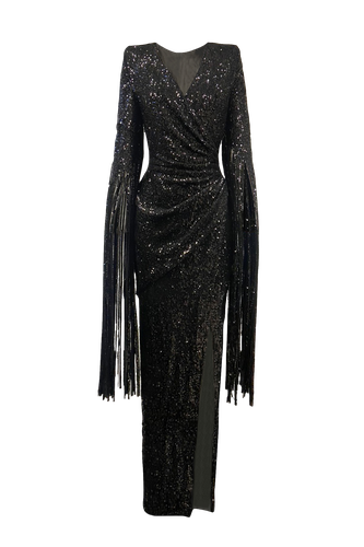 SEQUIN WRAP DRESS WITH LONG FRINGE SLEEVES IN BLACK - ANITABEL - Modalova