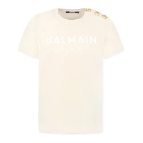 Beige Short Sleeves T-Shirt with Gold Button - Balmain - Modalova