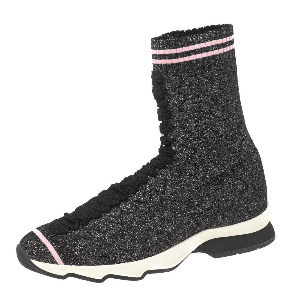 Silver Glitter Knit Fabric High-Top Sock Sneakers Size 38 - Fendi - Modalova