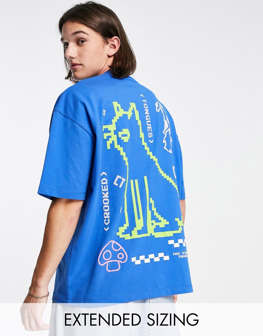 T-shirt oversize con stampa di gatto in stile videogioco sul retro - Crooked Tongues - Modalova