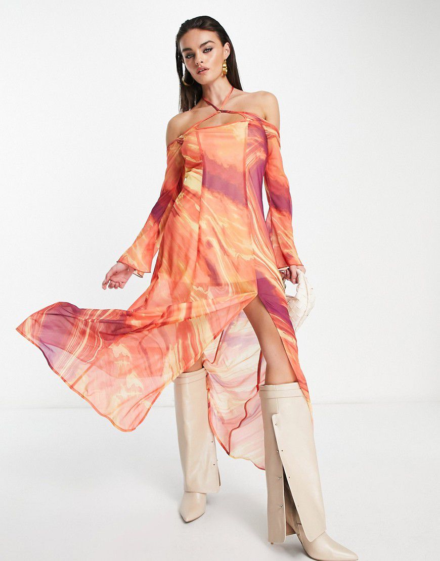 Vestito lungo in rete multicolore con stampa lava e finiture circolari - Annorlunda - Modalova