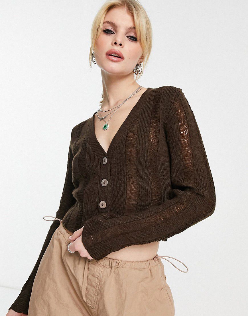 Cardigan color cioccolata calda in maglia sottile effetto smagliato - Annorlunda - Modalova