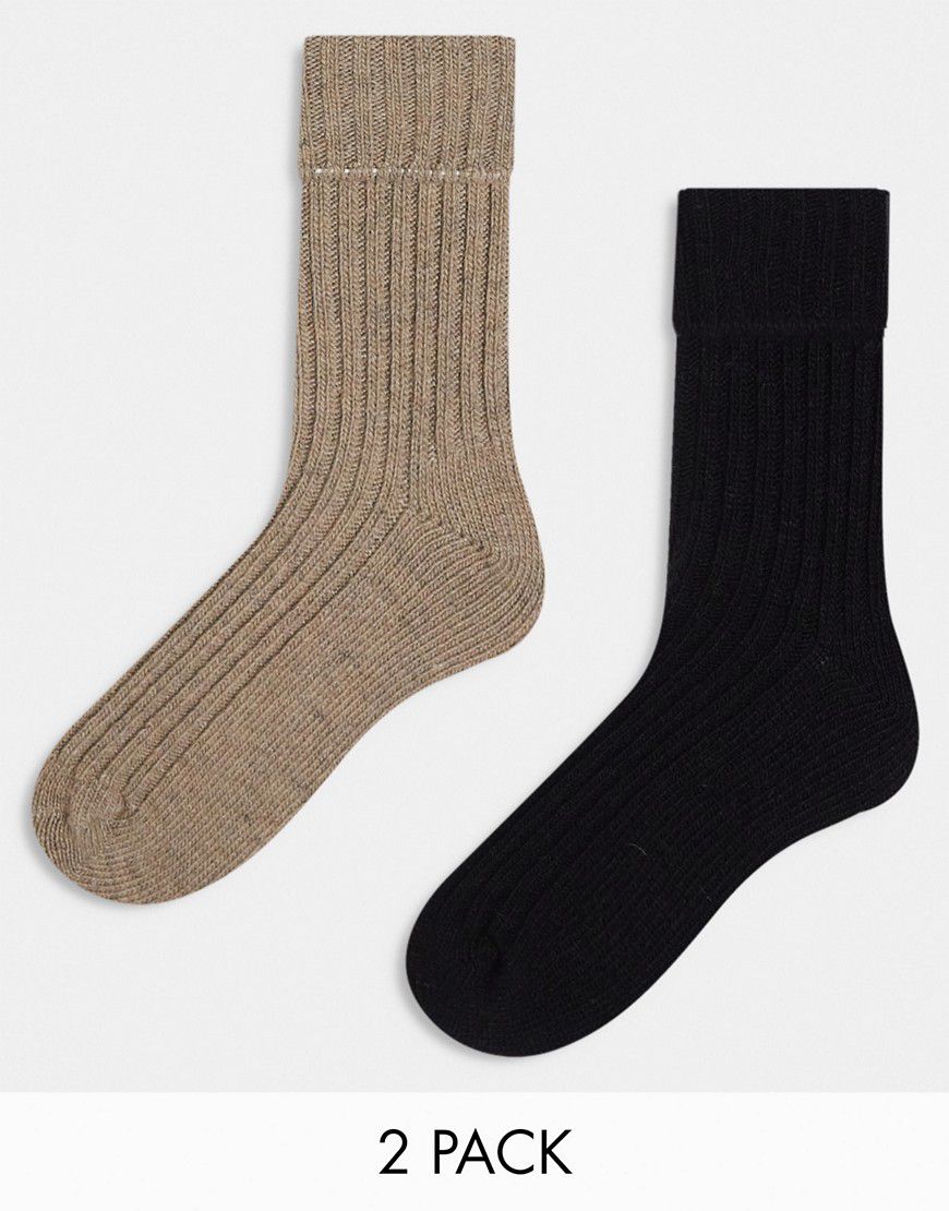 Confezione da 2 paia di calzini da casa a metà polpaccio morbidi in misto lana marrone e nero - ASOS DESIGN - Modalova