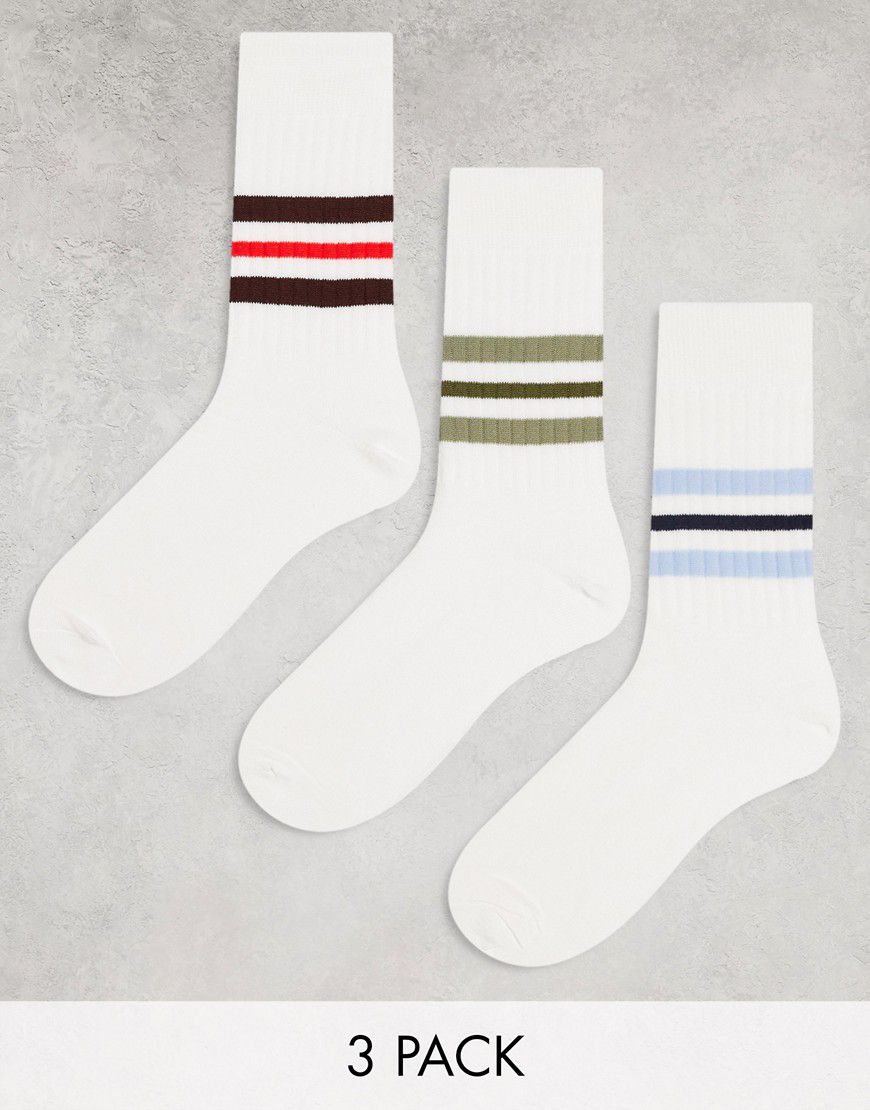 Confezione da 3 paia di calzini a coste écru con righe colorate - ASOS DESIGN - Modalova