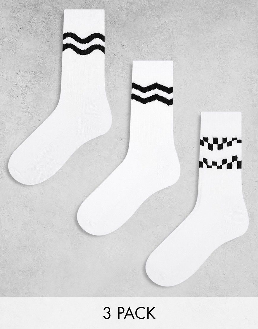 Confezione da 3 paia di calzini bianchi con righe nere ondulate - ASOS DESIGN - Modalova