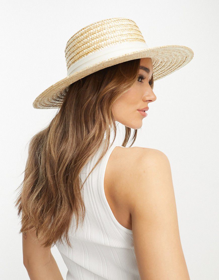 Cappello di paglia regolabile beige con fascia bianca - ASOS DESIGN - Modalova