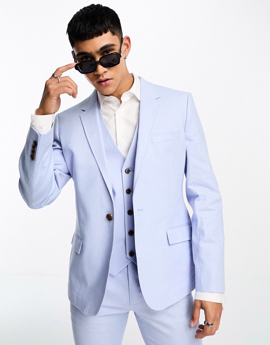 Giacca da abito skinny in misto lino azzurro pastello - ASOS DESIGN - Modalova
