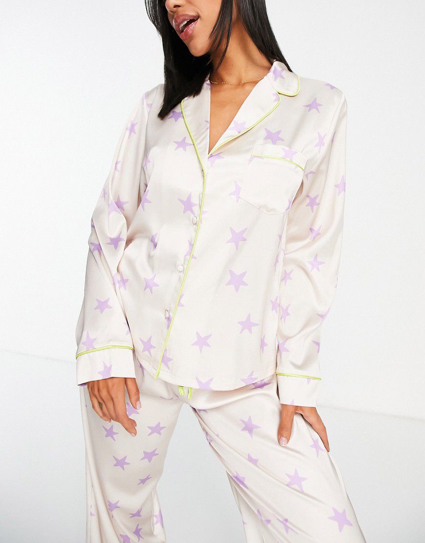 Mix & Match - Camicia del pigiama a maniche lunghe in raso color champagne a stelle - ASOS DESIGN - Modalova