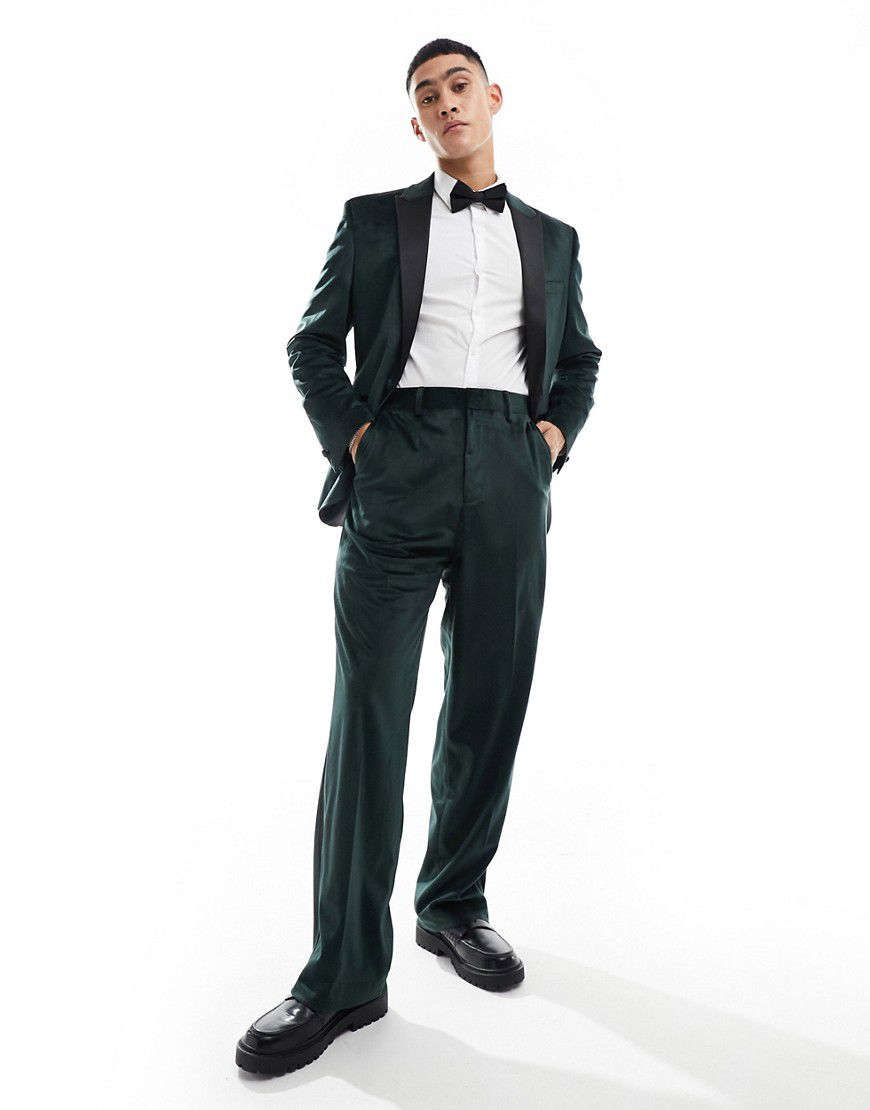 Pantaloni da abito stile smoking a fondo ampio verdi in velluto - ASOS DESIGN - Modalova