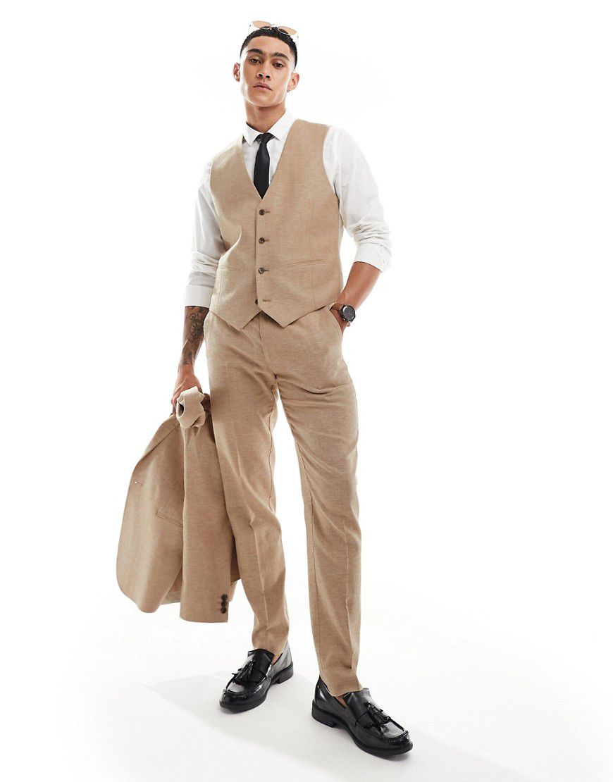 Pantaloni da abito slim in misto lino color pietra con motivo a spina di pesce - ASOS DESIGN - Modalova