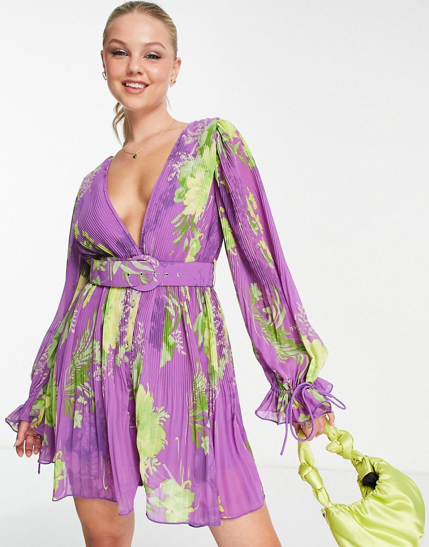 Vestito corto a pieghe viola a fiori con cintura e maniche a palloncino - ASOS DESIGN - Modalova