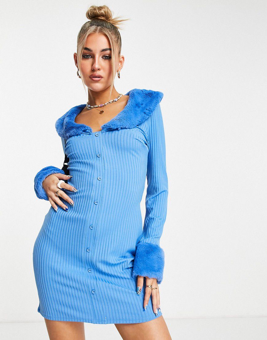 Vestito corto blu acceso a coste con finiture in pelliccia sintetica - ASOS DESIGN - Modalova