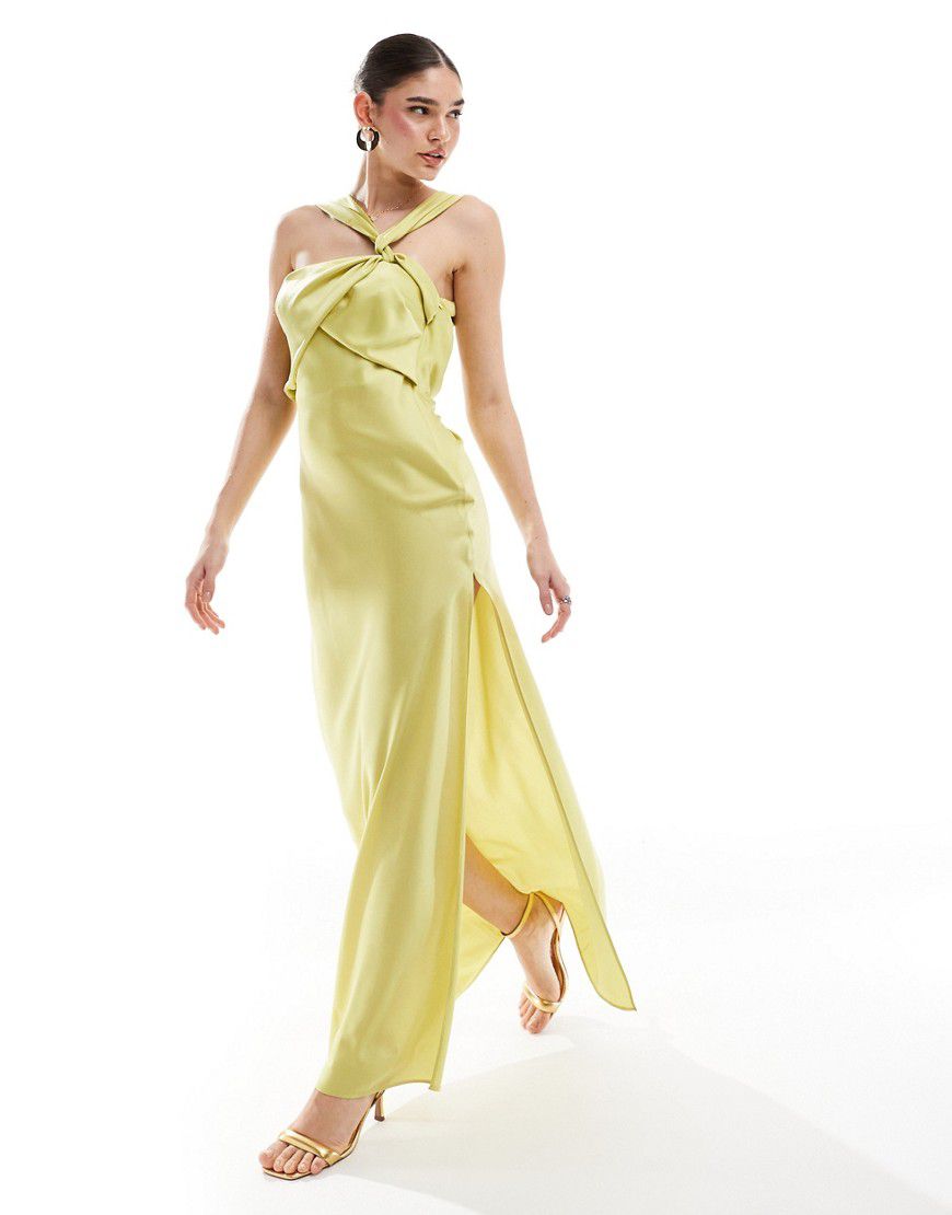 Vestito lungo lime in raso drappeggiato con spalline incrociate - ASOS DESIGN - Modalova