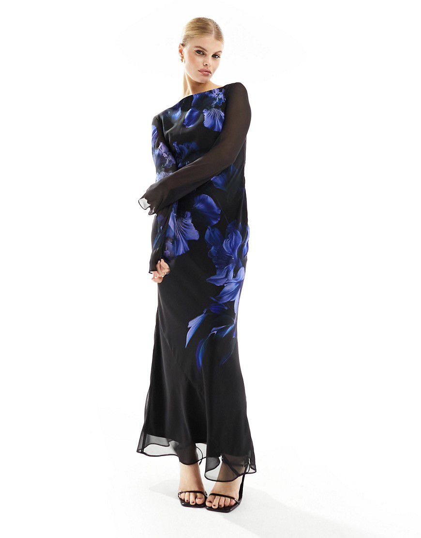 Vestito lungo a maniche lunghe nero con stampa blu a fiori - ASOS DESIGN - Modalova