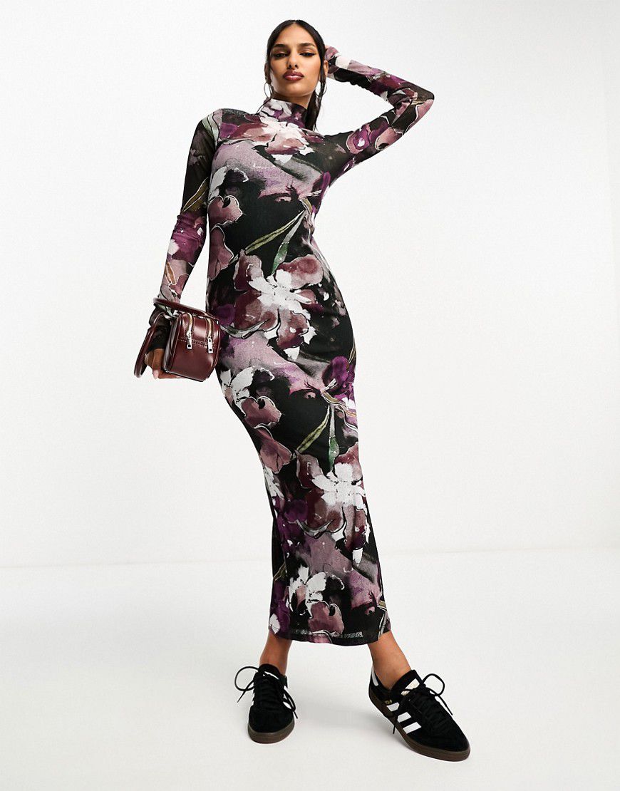 Vestito lungo accollato in rete viola con stampa a fiori - ASOS DESIGN - Modalova