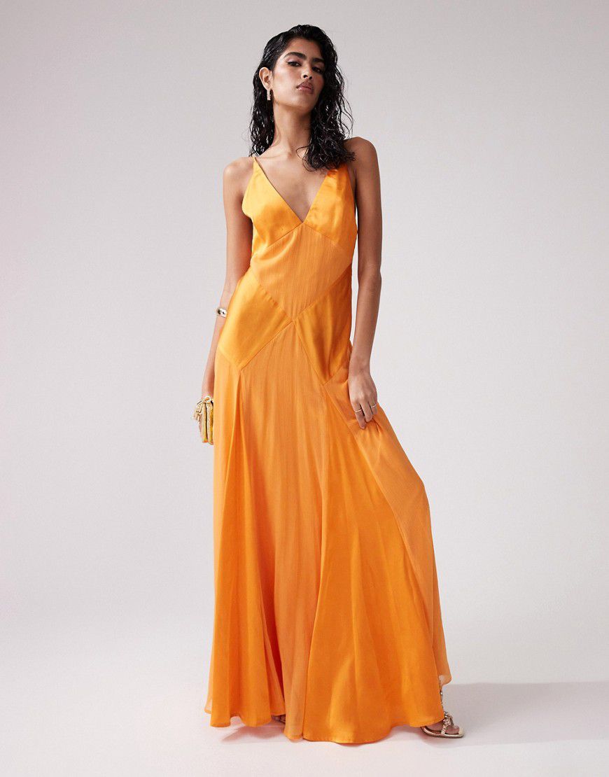 Vestito lungo con spalline sottili in raso arancione con pannelli trasparenti - ASOS DESIGN - Modalova