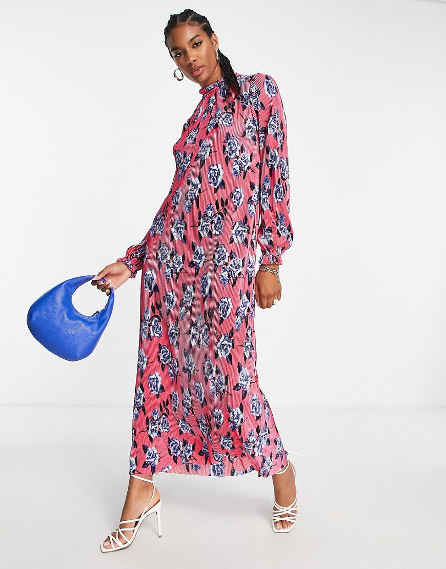 Vestito lungo plissé accollato rosa e con stampa di rose blu - ASOS DESIGN - Modalova