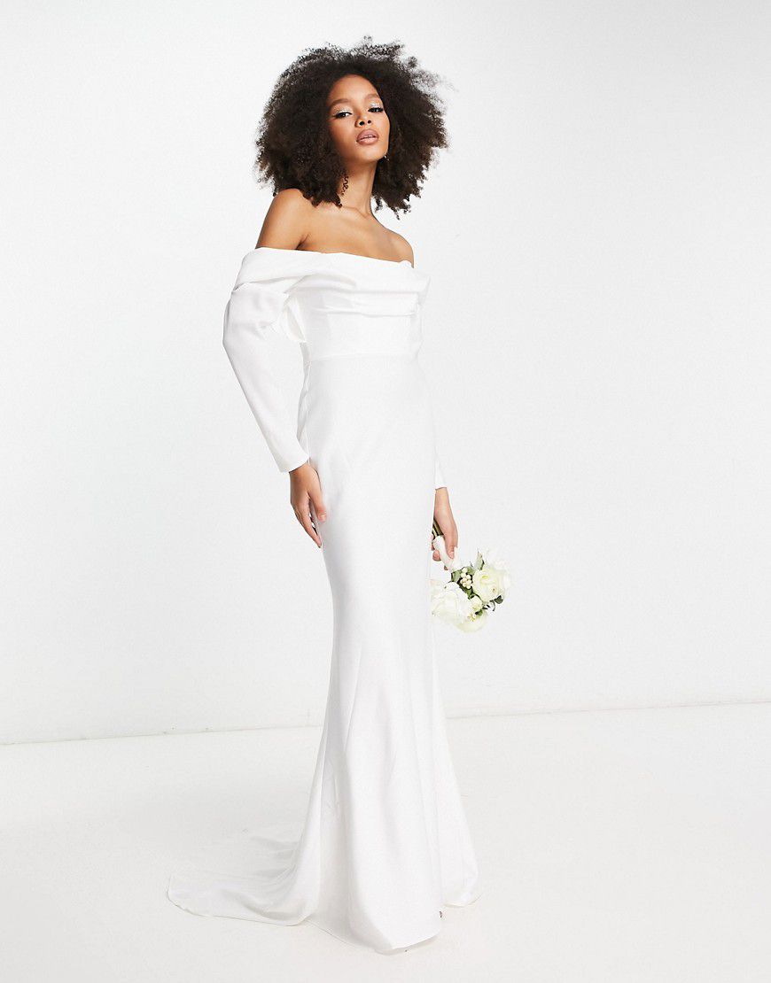 ASOS EDITION - Elodie - Vestito da sposa a maniche lunghe in raso color avorio drappeggiato con scollo alla Bardot - ASOS DESIGN - Modalova