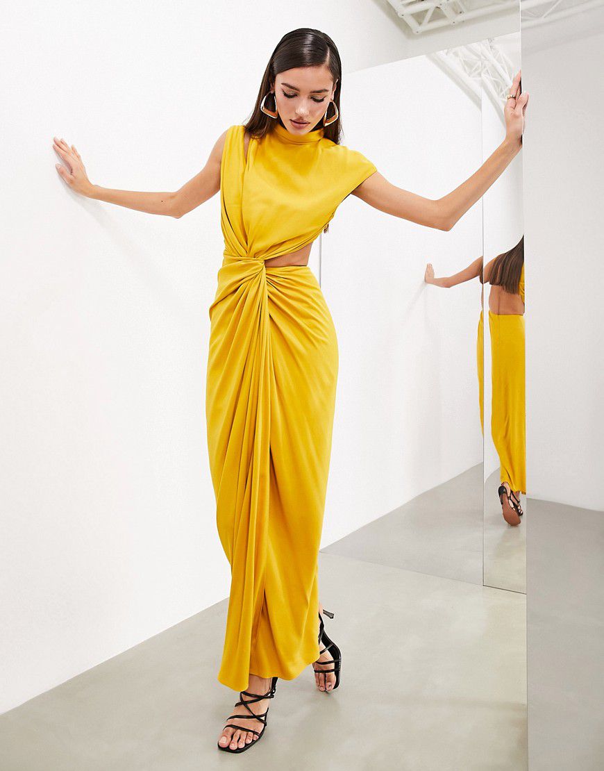 Vestito lungo accollato drappeggiato con intagli color giallo oro - ASOS EDITION - Modalova