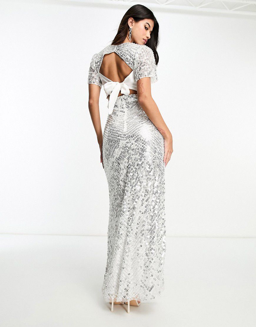 Vestito da sposa lungo aperto dietro crema e argento con decorazioni - Beauut - Modalova