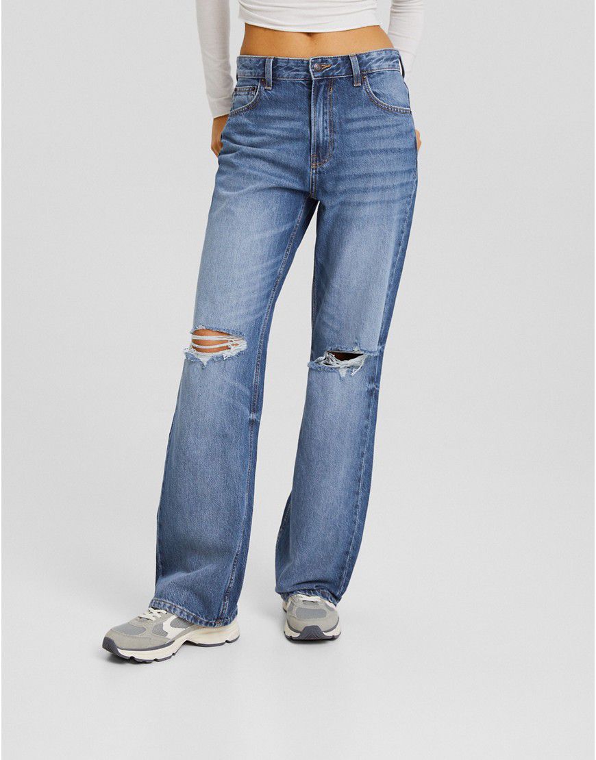 Jeans strappati a fondo ampio anni '90 lavaggio indaco - Bershka - Modalova