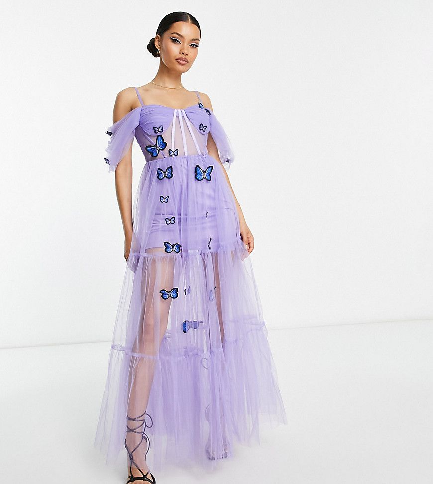 Esclusiva - Vestito a corsetto lilla trasparente con ricamo di farfalle in 3D - Lace & Beads Petite - Modalova