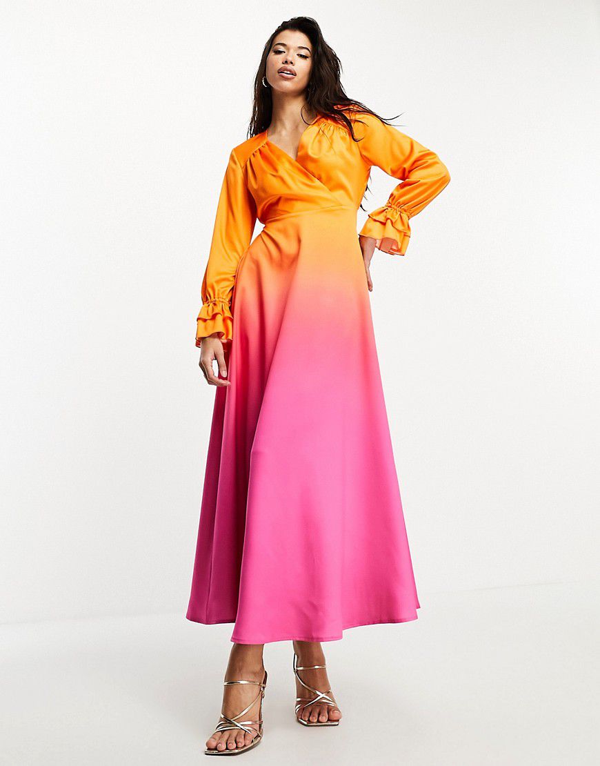 Vestito lungo a maniche lunghe rosa e arancione sfumato - Flounce London - Modalova