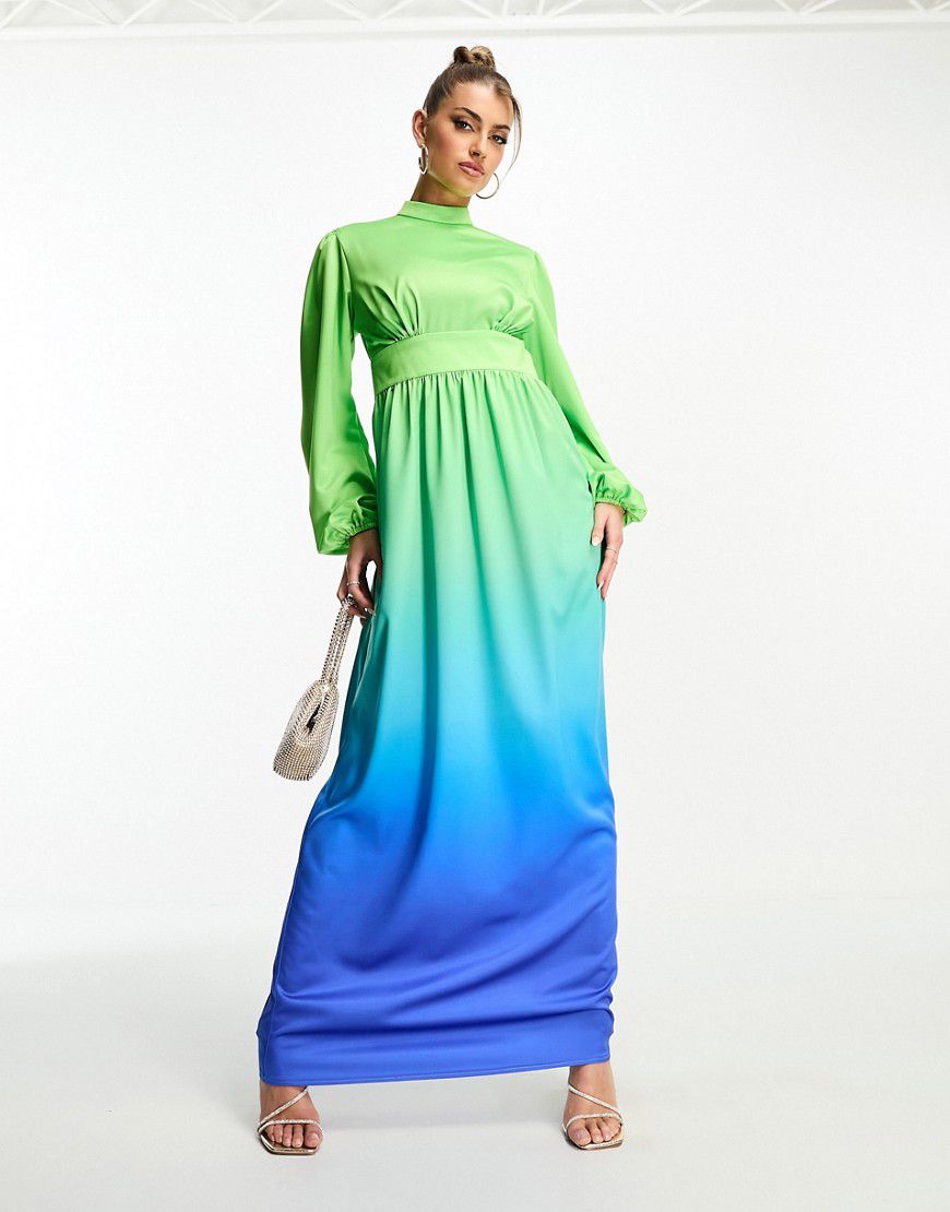 Vestito lungo blu e verde sfumato con maniche a palloncino - Flounce London - Modalova