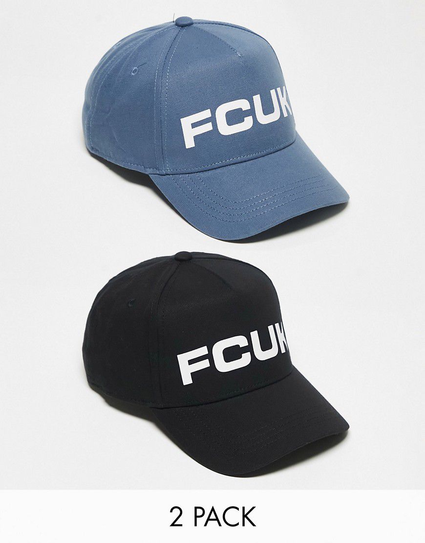 Confezione da 2 cappellini nero e blu chiaro con logo FCUK - French Connection - Modalova