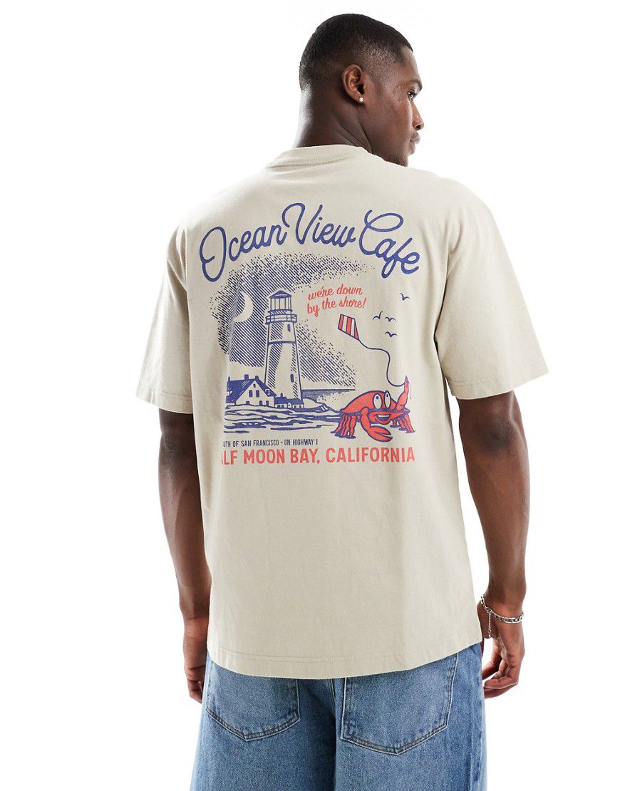 T-shirt squadrata grigia con stampa "Ocean View Cafe" sul retro - Hollister - Modalova