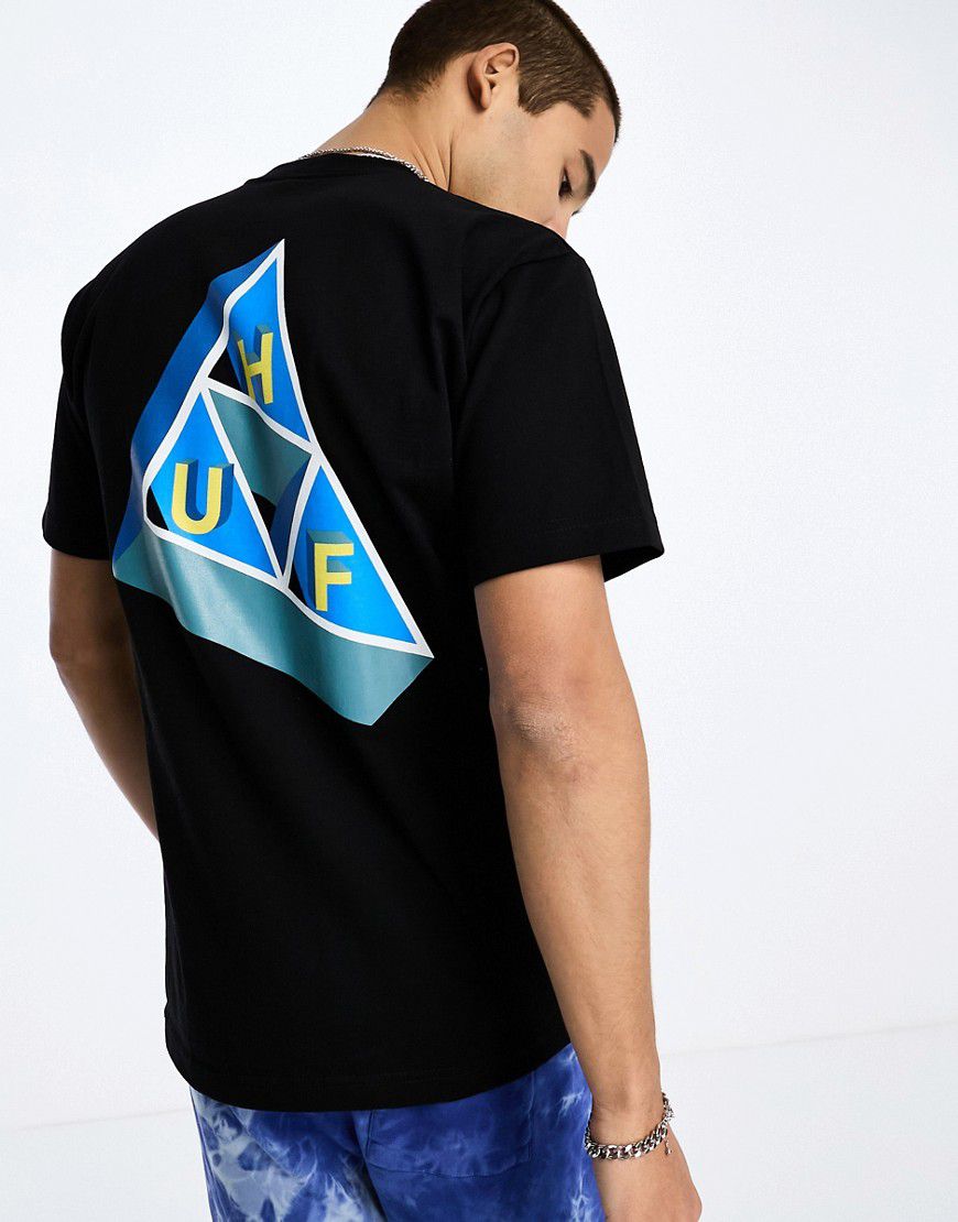 T-shirt nera con stampa del logo a triangolo sul petto e sul retro - HUF - Modalova