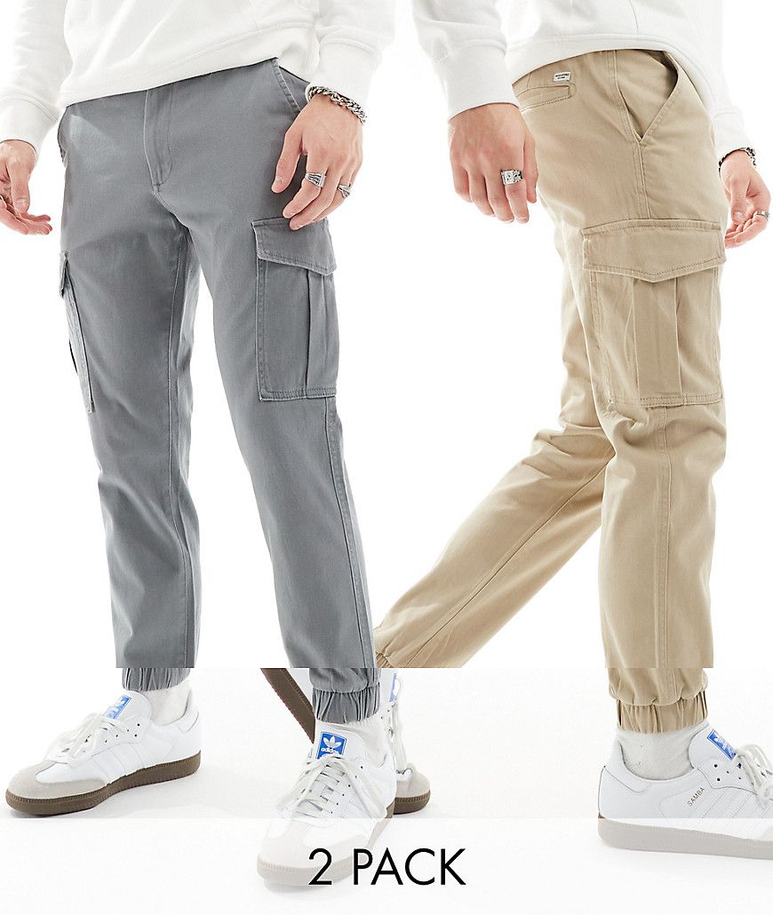 Confezione da 2 paia di pantaloni cargo beige e grigi con fondo elasticizzato - Jack & Jones - Modalova