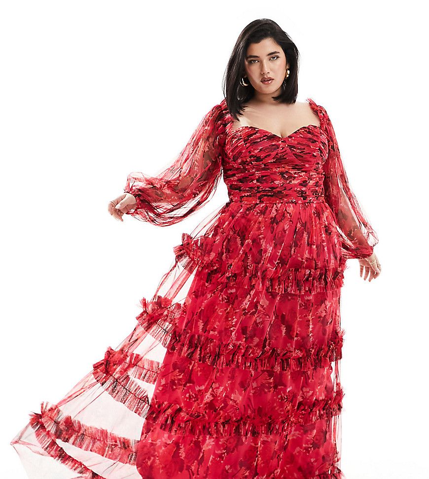 Vestito lungo a maniche lunghe in tulle e rosso a fiori con volant - Lace & Beads Plus - Modalova