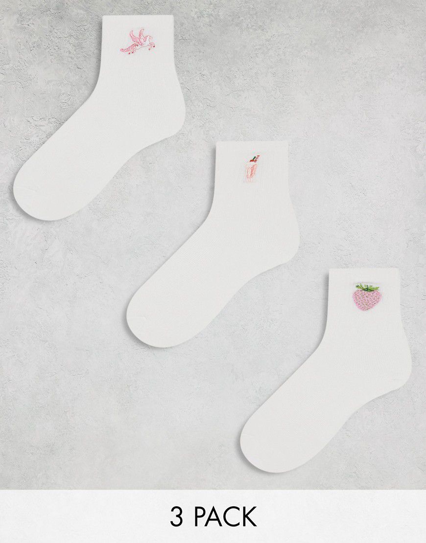 Confezione da 3 paia di calzini bianchi con motivi ricamati rosa - Monki - Modalova