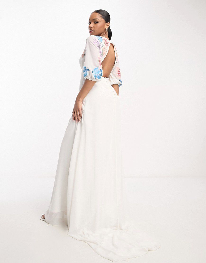 Vestito lungo da sposa color avorio ricamato con maniche a sbuffo - Maya - Modalova